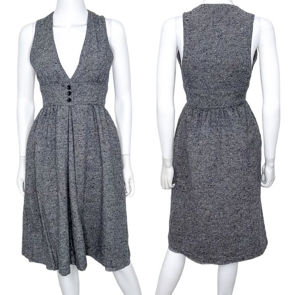Prophecy Vintage 90s Tweed Pleated Button Waist V Neck Fit & Flare Dress in Gray - Picture 1 of 16